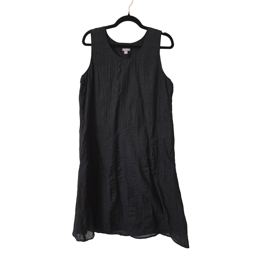 J. Jill Womens L Sleeveless Dress Black Cotton Silk Crinkle Midi Pockets
